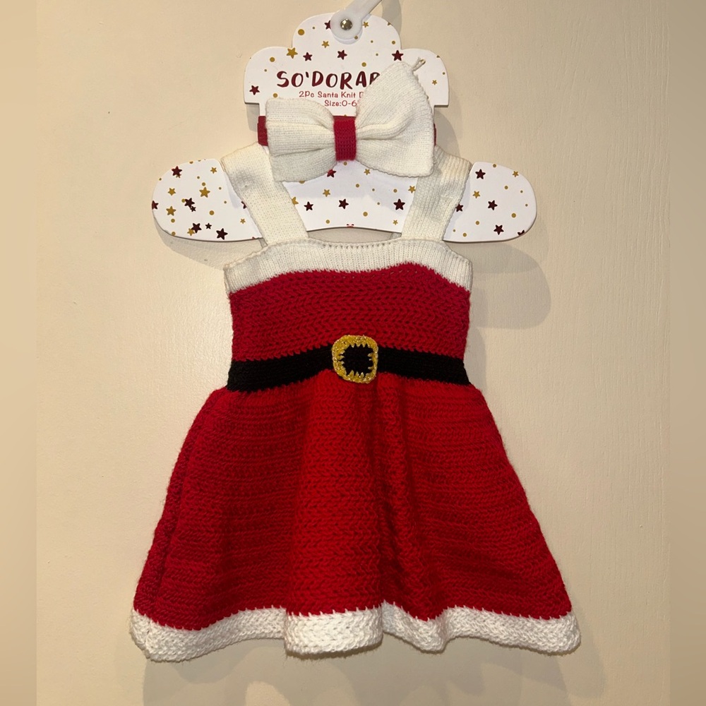 Sodorablebaby 2pc Santa Knit Set 0-6M Dress & Bow Head Band Newborn Photo Outfit
